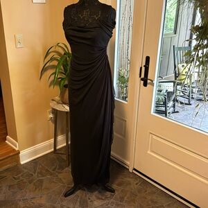 Shimmery Flattering Evening Wear with gathered waist and side slit.